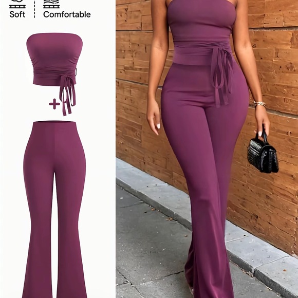 Yozy Pants - Strapless Ruched Crop & High-Waist Flare Jumpsuit Set - Plum